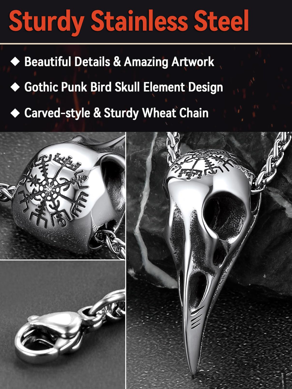 FaithHeart Viking Raven Skull Necklace for Men Stainless Steel Punk Crow Head Pendant Gothic Jewelry Halloween Accessories