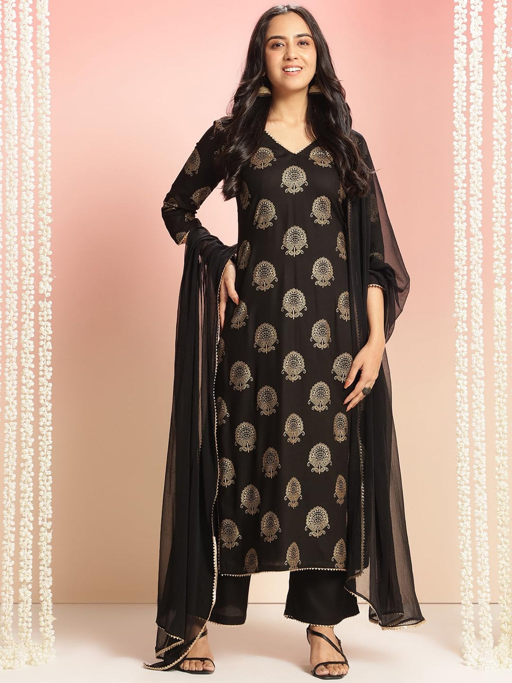 ANNI DESIGNER Women s Rayon Blend Printed Straight Kurta with Pants and Dupatta, Green, 44