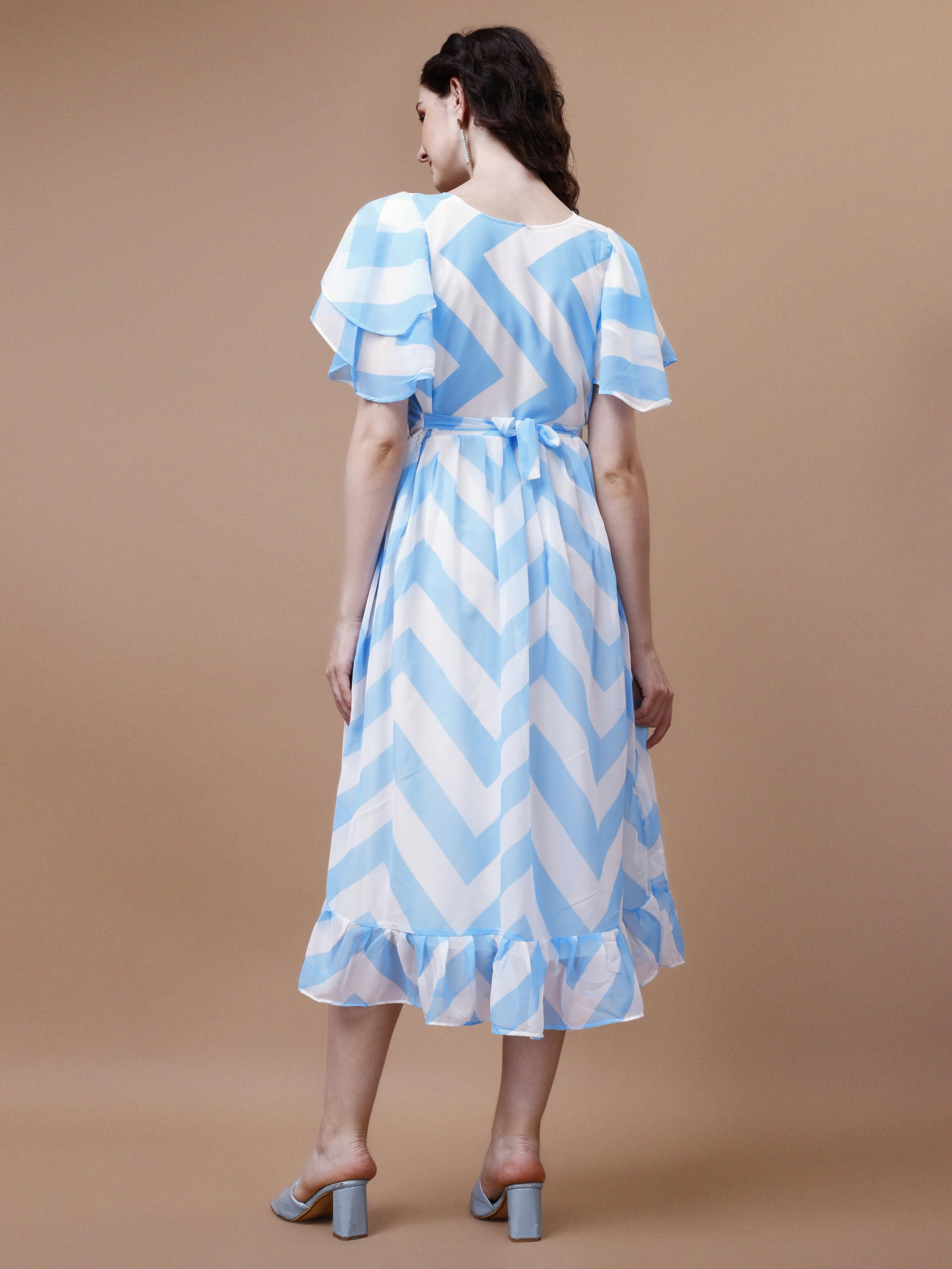 Trillmixa WomenS Stylish Georgette Fit And Flare Knee-Length Printed Midi Dress (Pastle) Light Blue
