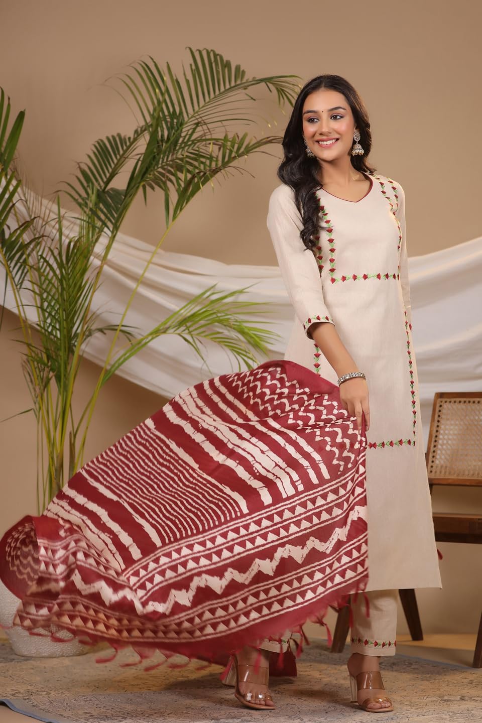 ANNI DESIGNER Ladies Cotton Kurta with Trousers and Dupatta, beige, M
