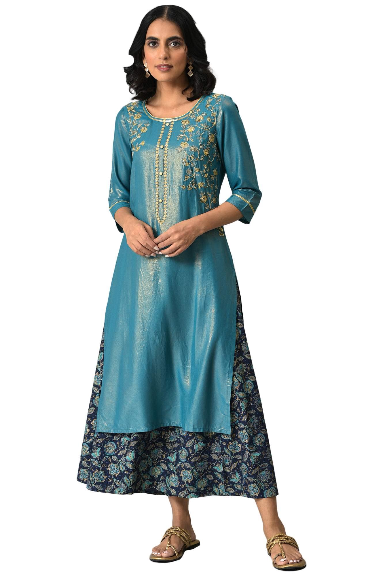 Aurelia Women Rayon Liva Blue Zari Embroidered Kurta Set With Printed Culottes_22Auas13520-505744_M