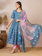 ANNI DESIGNER Women s Casual Rayon Blend Kurta with Pants and Dupatta, Blue, 2XL