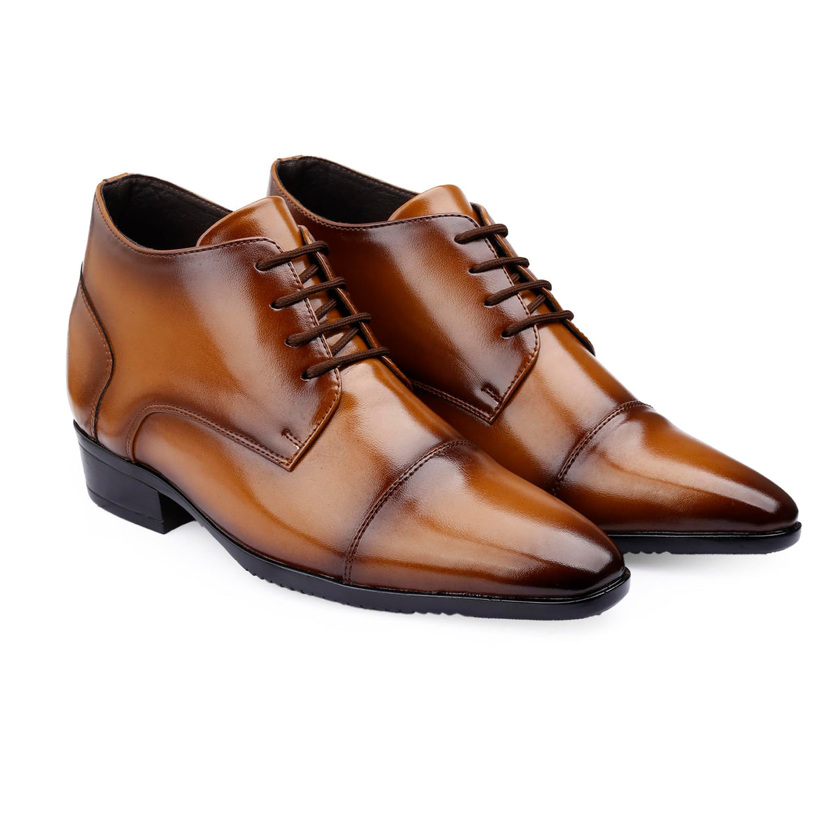 BXXY Mens 3.54 Inch Hidden Height Increasing Faux Leather Material, Tan Casual Formal Laceup Derby Boot. 10 UK 10