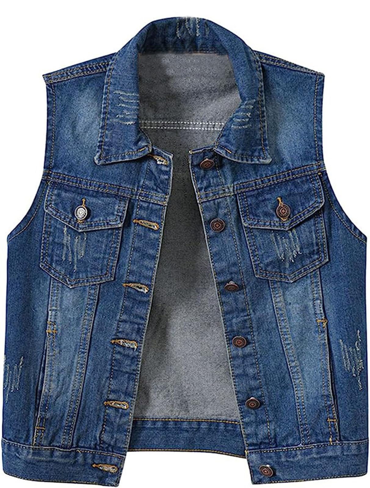 HALITOSS Women 's Buttoned Washed Denim Jacket Sleeveless Crop Vest 6 Color (M, Denim Blue)
