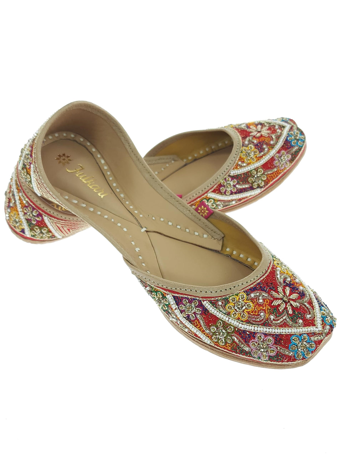 Fulkari Women Gazania Red Gold Multicolor Soft Leather Embroidered Jutis | Bite and Pinch Free Jutti | Punjabi Formal Juttis | G 6