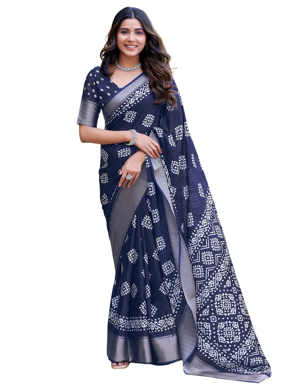 Satrani Womens Cotton Blend Printed Weaving Border Saree with Unstitched Blouse Piece (4029S171N_Navy Blue)
