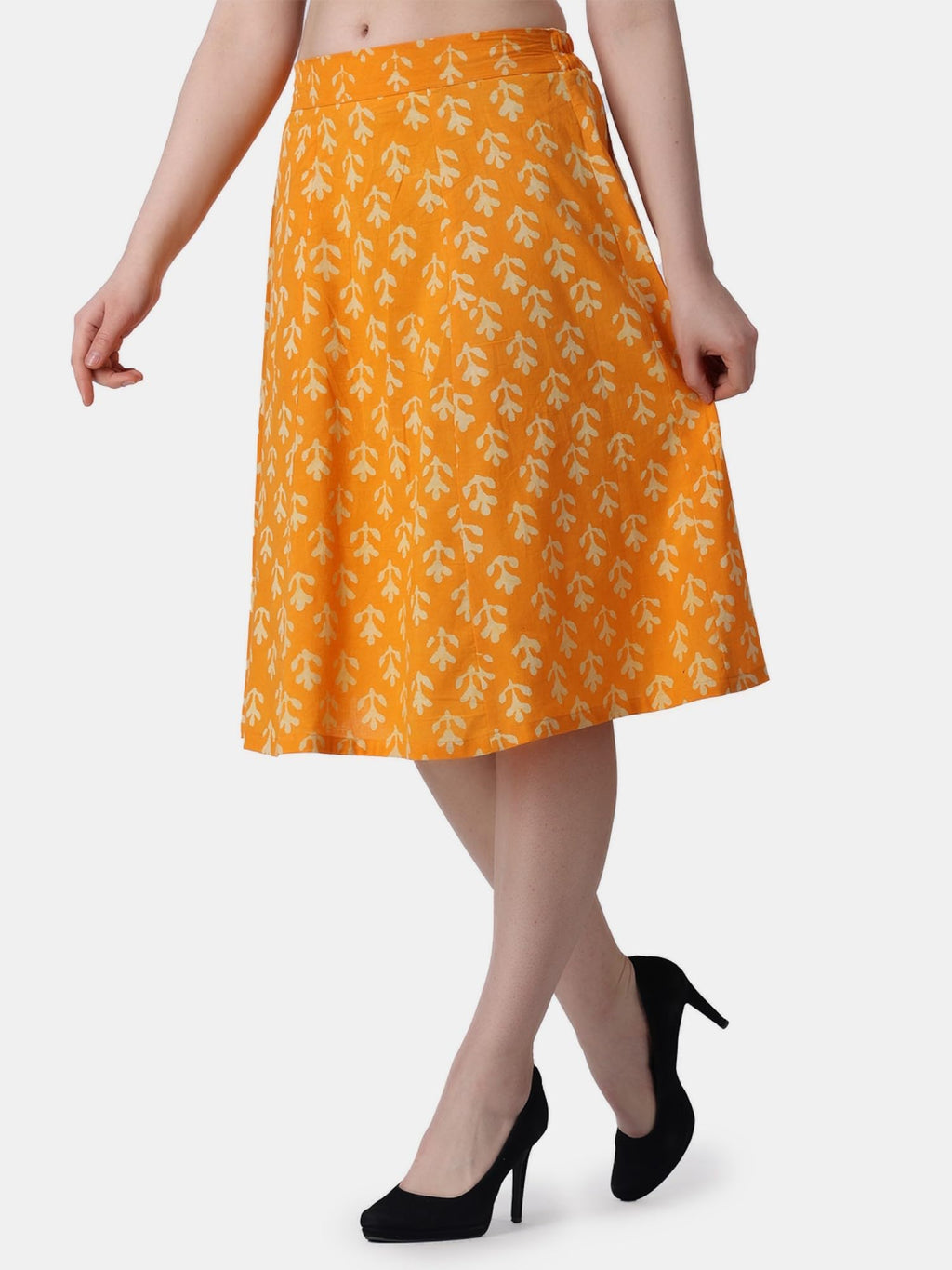 POPWINGS Casual Bagru Printed A Line Knee-Length Skirt for Women | Summer Skirt for Women | Ethnic Skirt for Women Yellow