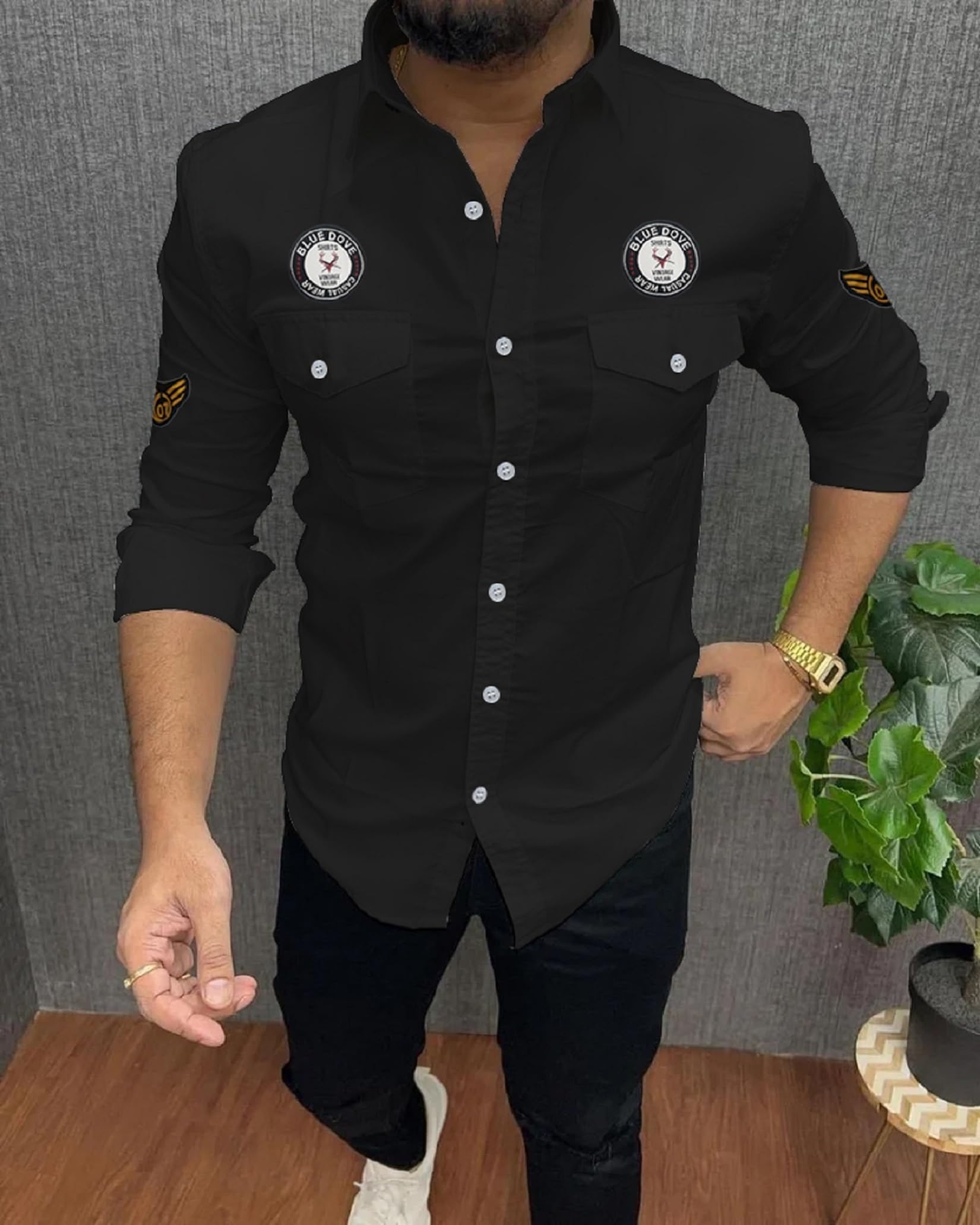 Kadiyu Double Pocket MenS Casual Fit Formal Shirt - Stylish And Comfortable Dress Shirt For Work And Everyday Wear Black