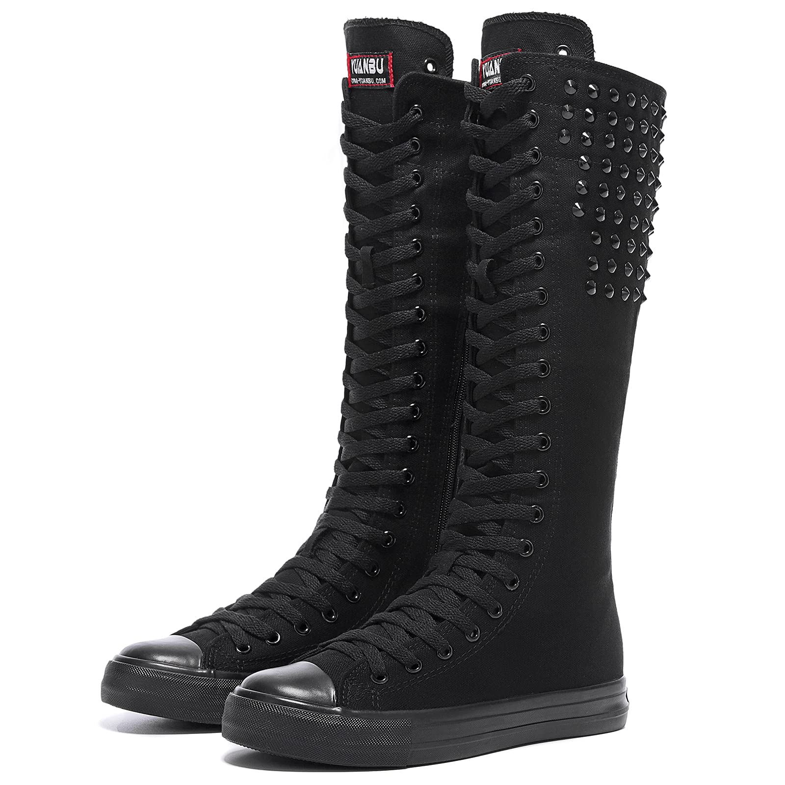 Momuk Canvas Punk Style Long Rivet Boots Knee High Casual Fashion Skirt Dress Shoes for Women & Girls Size 6.5 B(M) US Black