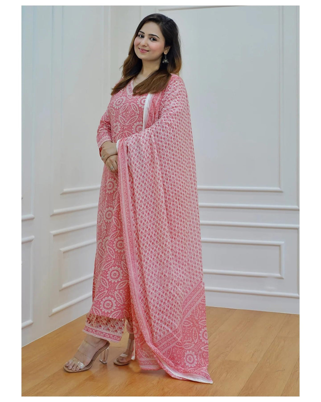 ANNI DESIGNER Womens Cotton Blend Block Printed Straight Kurta with Pant & Dupatta (Nihira Pink_M_Pink_Medium)