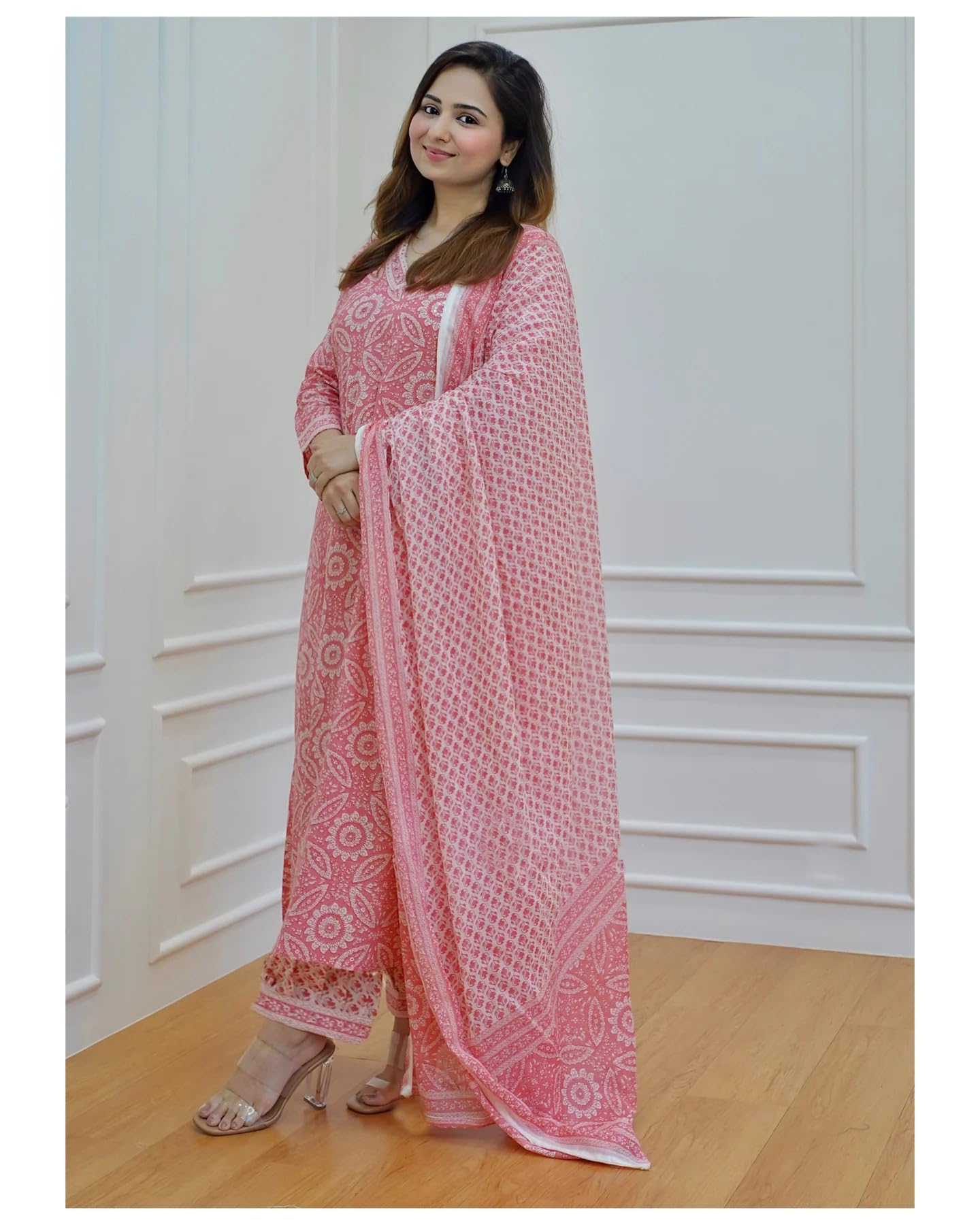 ANNI DESIGNER Womens Cotton Blend Block Printed Straight Kurta with Pant & Dupatta (Nihira Pink_M_Pink_Medium)