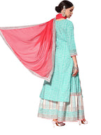 Ishin Women'S Pure Cotton Green Embroidered A-Line Kurta Suit Set With Dupatta & Sharara