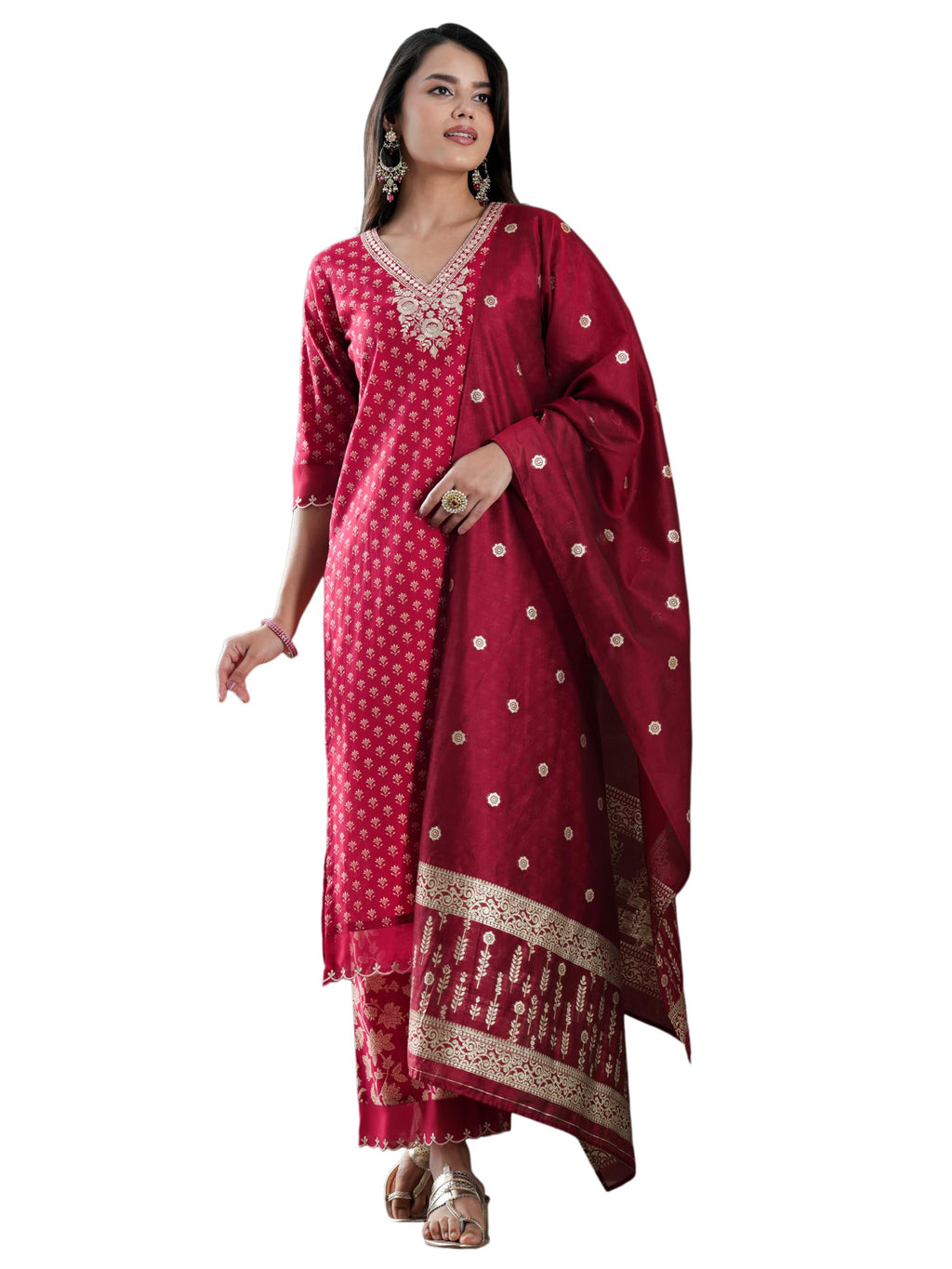 Libas Womens Woven Design Cotton Straight Kurta With Palazzos and Dupatta