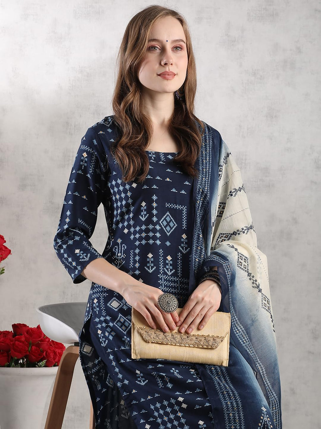 ANNI DESIGNER Women s Rayon Blend Printed Straight Kurta with Pants and Dupatta, Blue, XL
