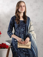 ANNI DESIGNER Women s Rayon Blend Printed Straight Kurta with Pants and Dupatta, Blue, XL