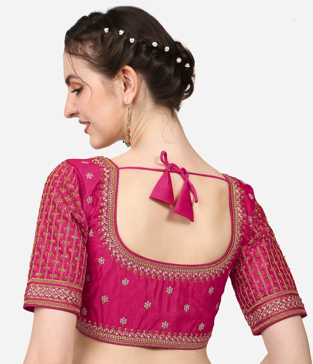 Pujia Mills WomenS Cobra Silk Embroidery Coding Stone Work Half Sleeve Saree Blouse