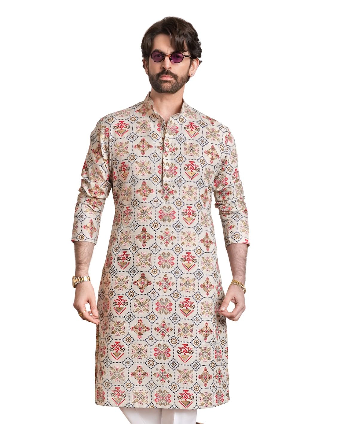 SOJANYA (Since 1958 Mens Cotton Linen Cream & Multi Print Only Long Kurta