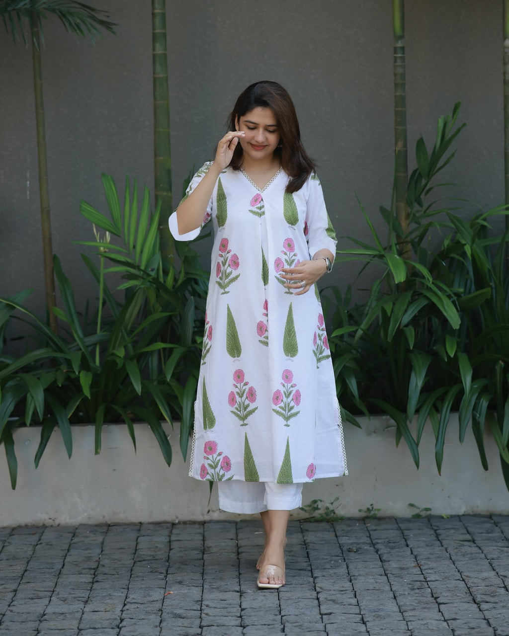 ANNI DESIGNER Womens Rayon Viscose A-Line Printed Kurta with Pant (PNIL White_L_White_Large)