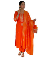 Naixa WomenS Orange Embroidered Straight Kurta With Chanderi Viscose Pant And Viscose Jacquard Dyed Dupatta Sets (Nx-Mv-610-Ora