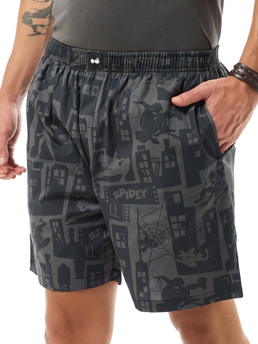 Bewakoof Official Marvel Merchandise Spiderman Mens All Over Printed Regular Fit Poplin Cotton Boxers_635759_Black_XL