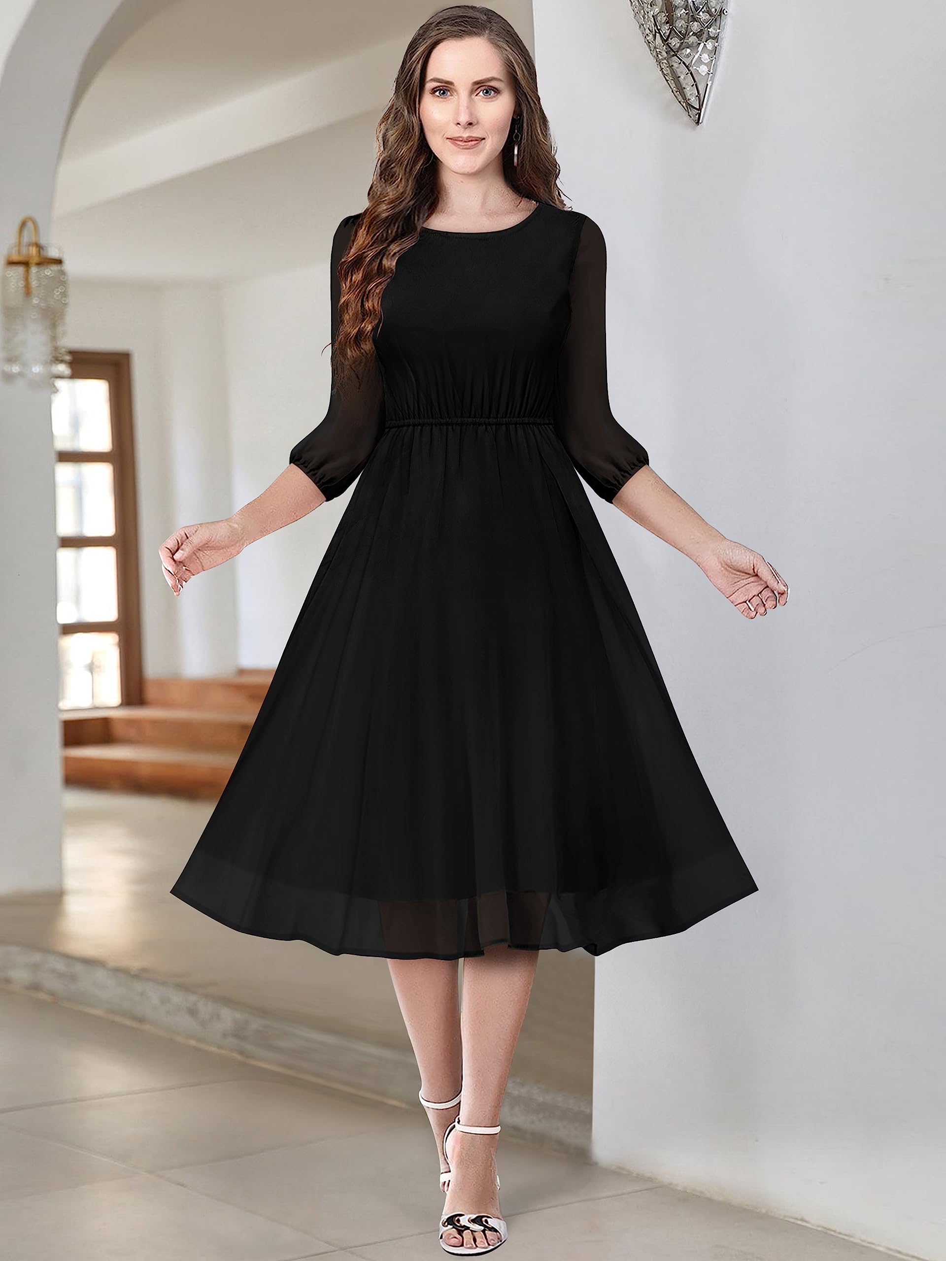 Toochki WomenS Georgette Fit And Flare Below The Knee Dress (Toochki089-Dr_Black