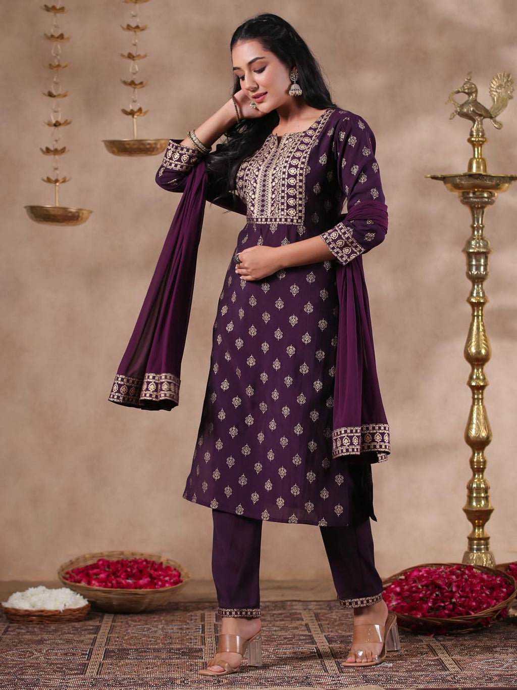 Ishin WomenS Silk Blend Ethnic Motifs Ethnic Motifs Foil Printpurple Straight Kurta Suit Set With Trousers And Dupatta