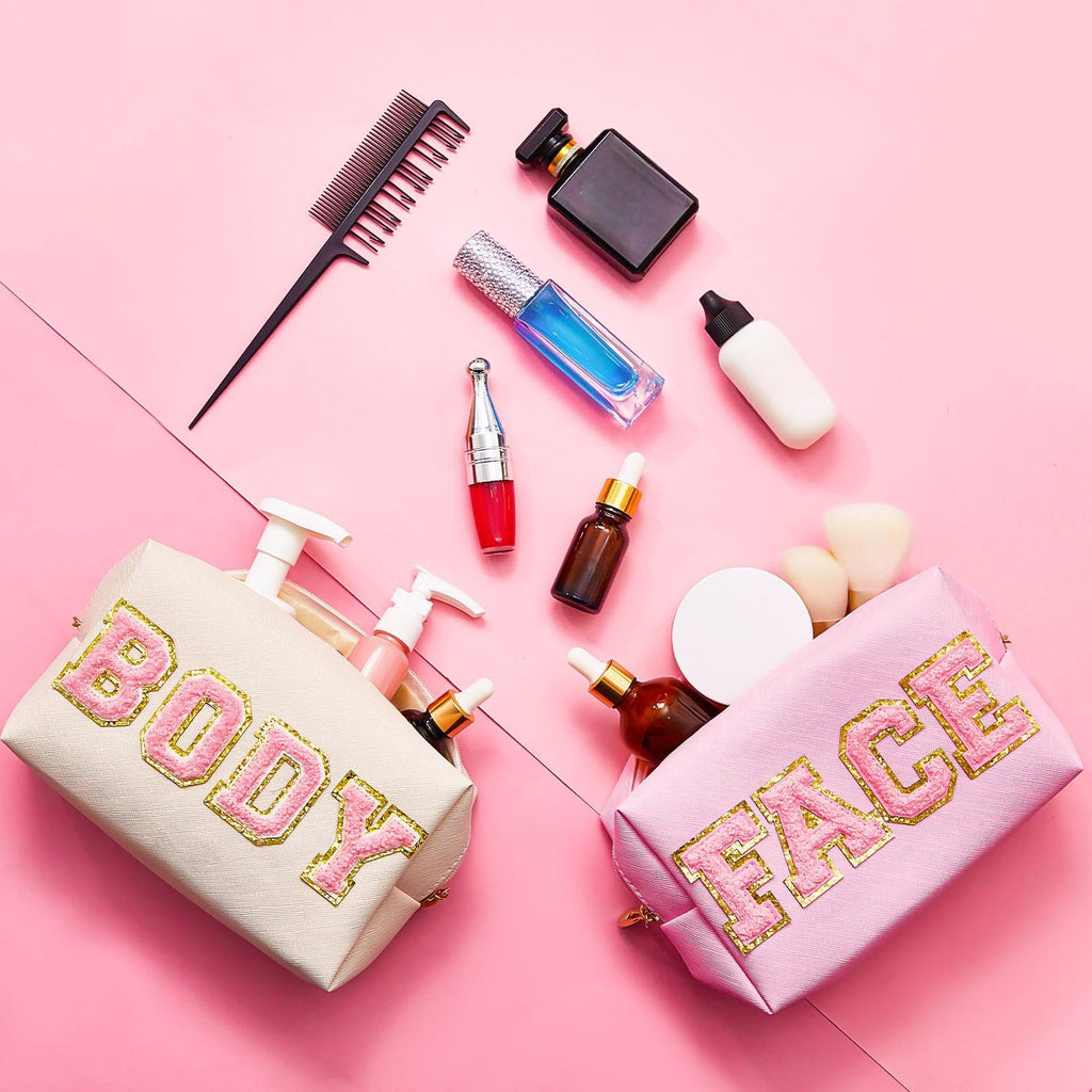Patelai 2 Pcs Preppy Makeup Bags Chenille Letter Patch Bag Face Skin Hair Stuff Aesthetic Cosmetic Bag Travel Zipper Pouch Makeu