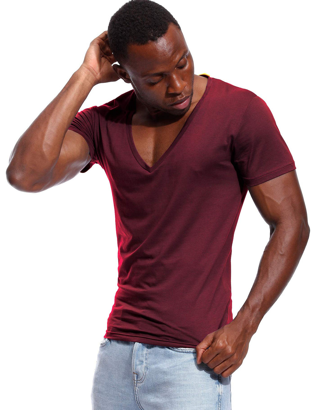 Deep V Neck T Shirt for Men Low Cut Vneck Invisible Tee Vee Top Burgundy Red L