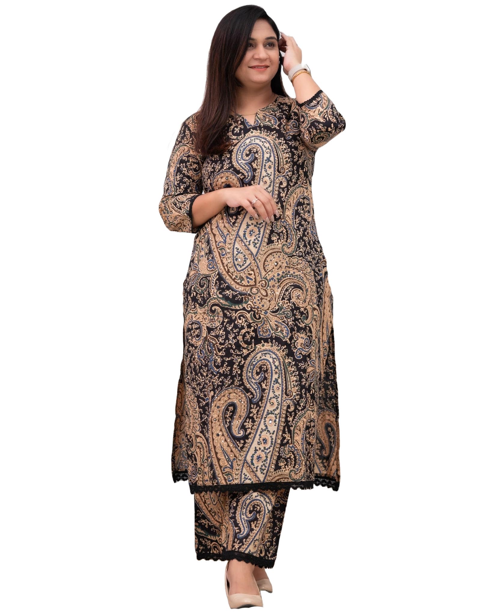 ANNI DESIGNER Palazzo women s viscose rayon printed straight kurta, Black, 44