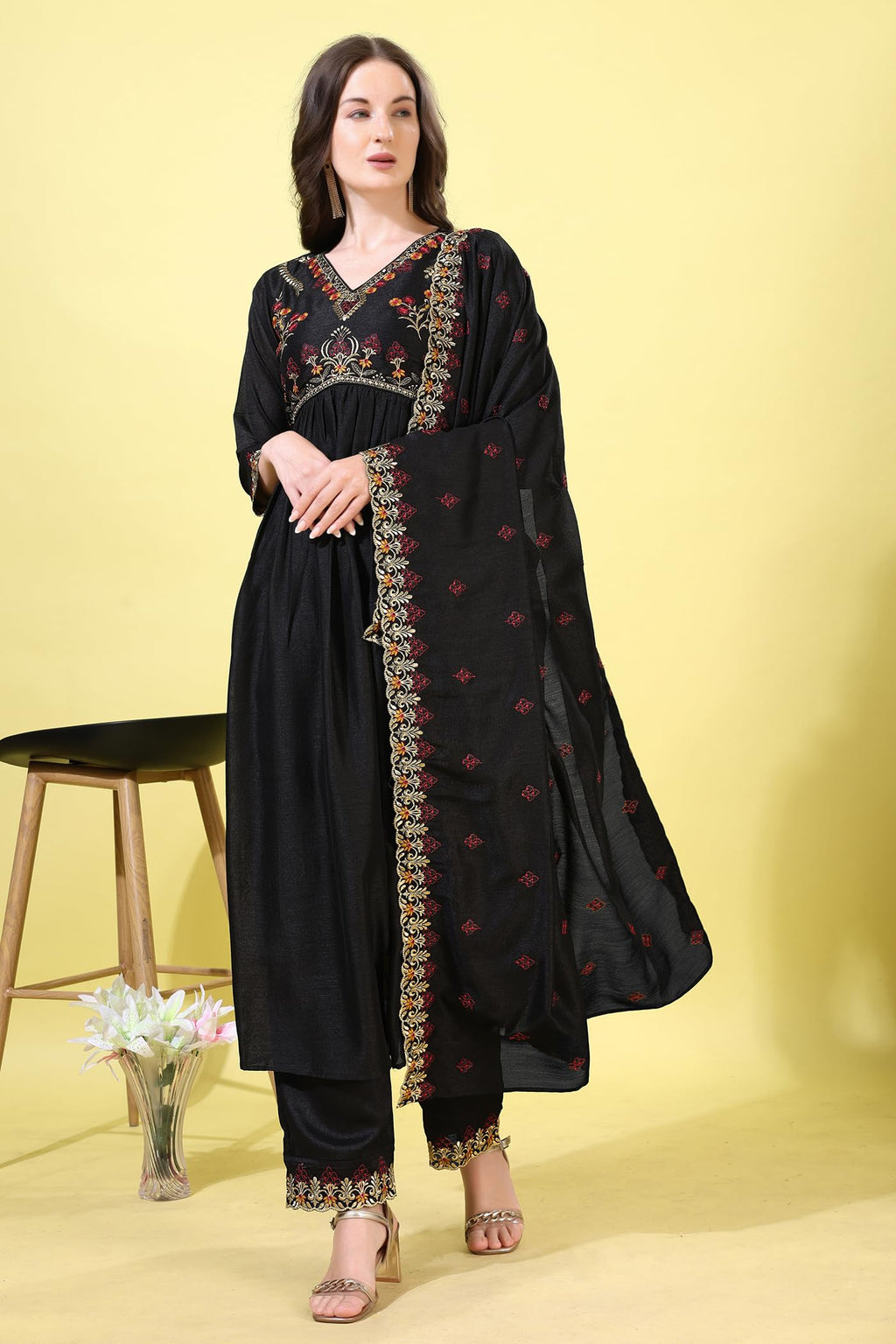 Pratham Blue WomenS Silk Embroidered Anarkali Kurta Palazzos With Dupatta |Kurta Set For Women |Women Kurta |Women Embroidered
