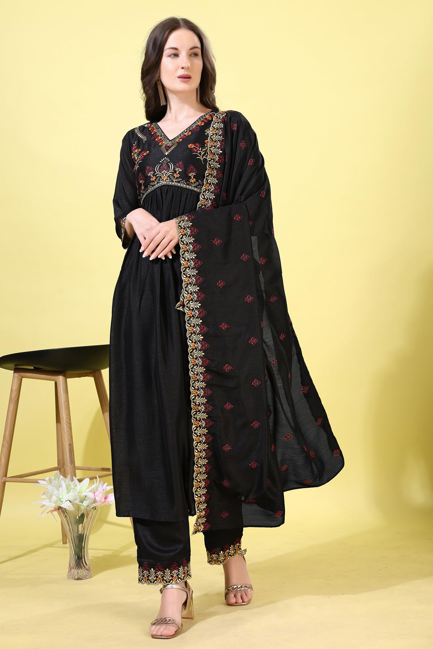 Pratham Blue WomenS Silk Embroidered Anarkali Kurta Palazzos With Dupatta |Kurta Set For Women |Women Kurta |Women Embroidered