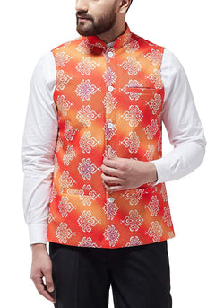 SOJANYA (Since 1958 Mens Cotton Blend Orange & Off White Printed Nehru Jacket, Size: 44