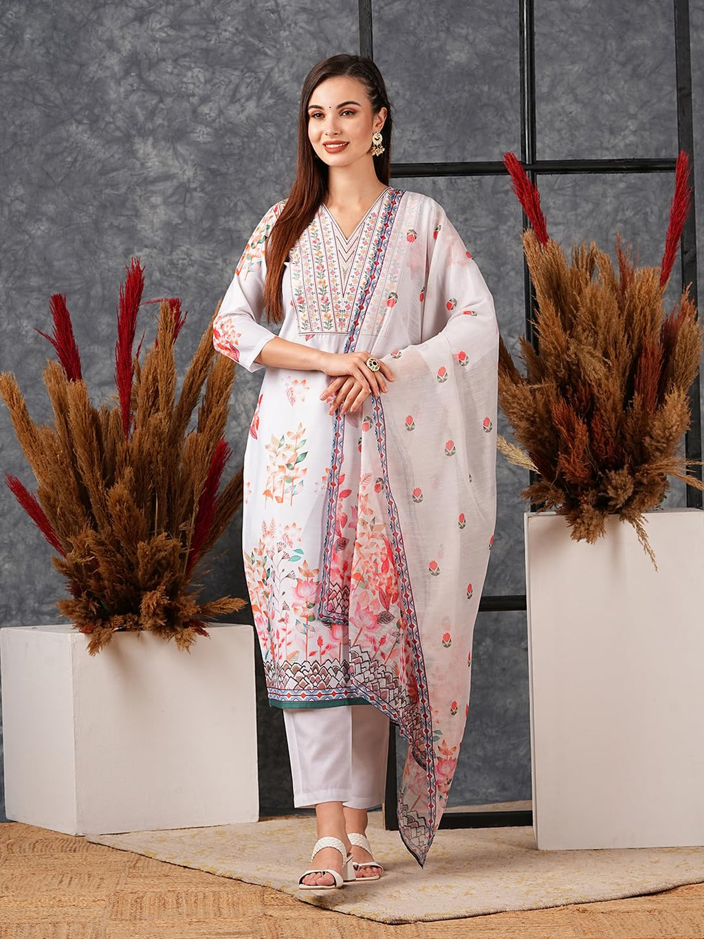 ANNI DESIGNER Ladies Cotton Blend Kurta Trousers with Dupatta Set, cream, XXL
