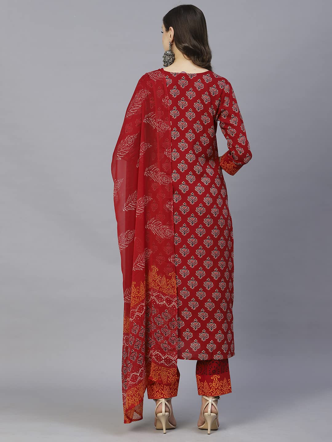 ANNI DESIGNER Womens Cotton Blend Floral Printed Straight Kurta with Pants & Dupatta (Shank-Maroon-CGD_M_Red_Medium)