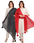 Fabme Shimmer Embellished Soft Cotton Dupatta - Pack Of 2 - Black, Red