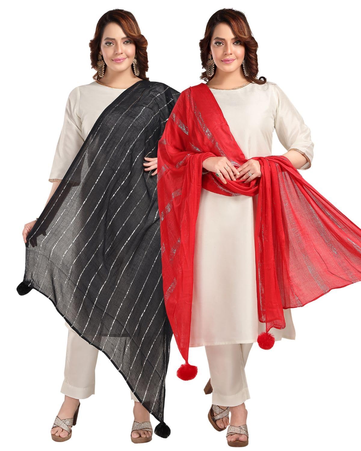 Fabme Shimmer Embellished Soft Cotton Dupatta - Pack Of 2 - Black, Red