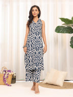 Varanga WomenS Blue Ikat Printed V-Neck Sleeveless Straight Kurta With Side Slit, Paired With Tonal Printed Bottom