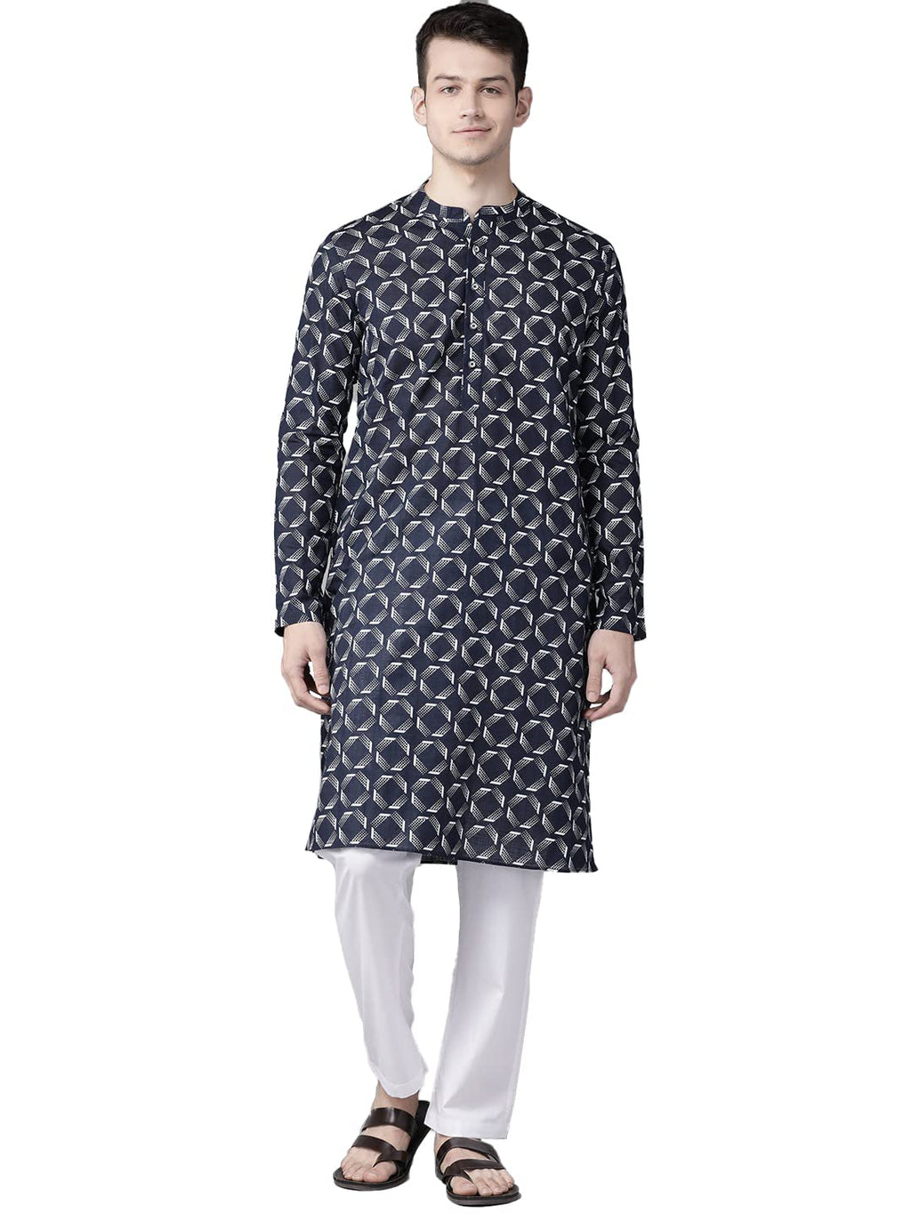 See Designs Navy Blue And White Printed Straight Kurta Button Closures_Sdkt954M