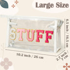 Y1tvei Clear STUFF Makeup Bag - Preppy Patch Rose Red Chenille Varsity Letter PVC Transparent Extra Large Cosmetic Pouch Portabl