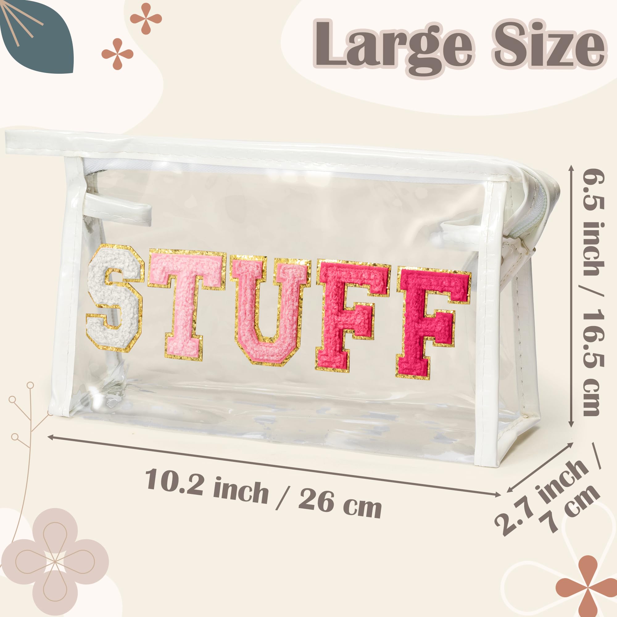 Y1tvei Clear STUFF Makeup Bag - Preppy Patch Rose Red Chenille Varsity Letter PVC Transparent Extra Large Cosmetic Pouch Portabl