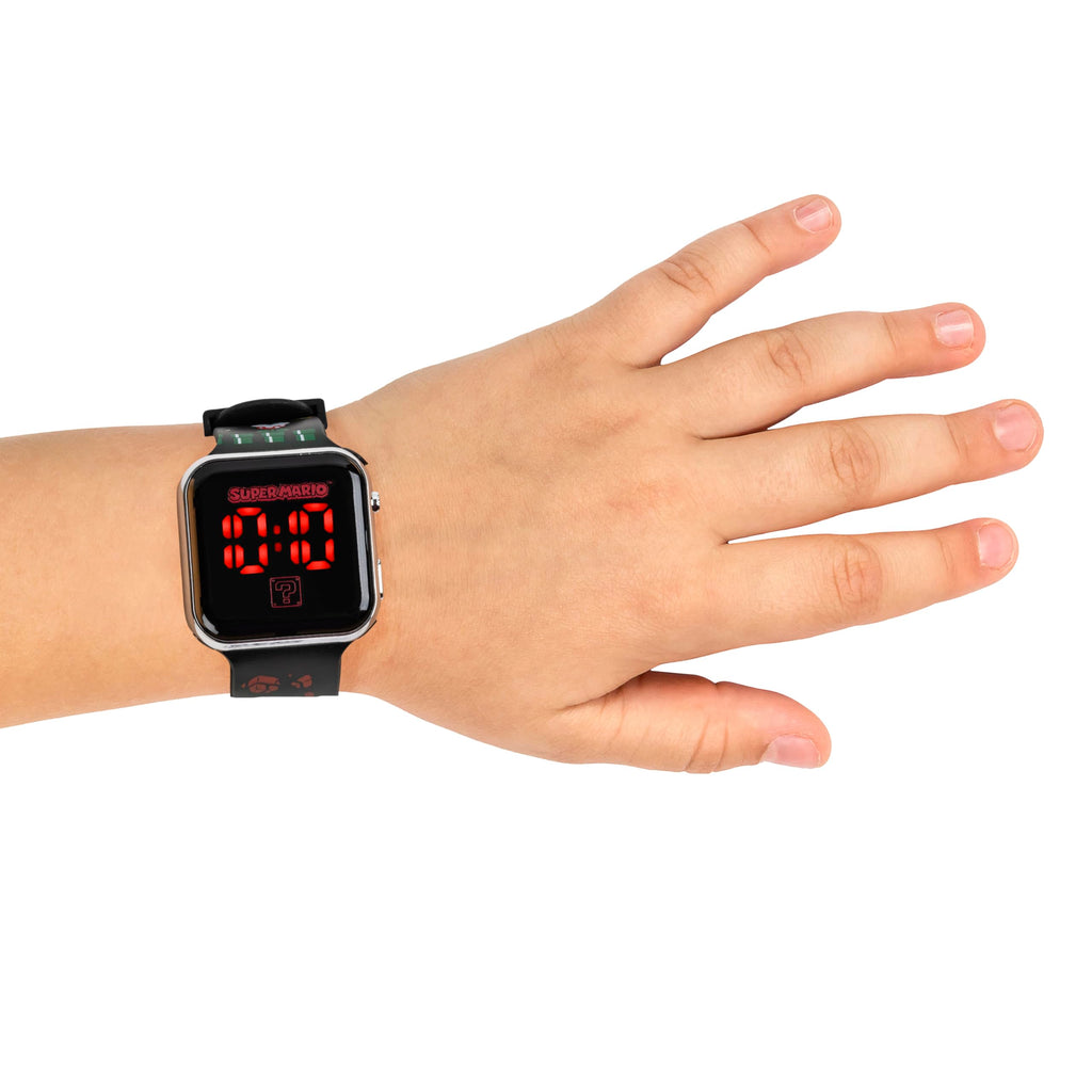 Accutime Nintendo Super Mario Kids LED Watch - Silver Plastic Case, Red LED Display, Iconic Mario Design, Durable Strap with Pri