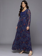 Varanga Women Bandhni Print with Gota Lace Embellished Anarkali Kurta with Dupatta Navy Blue