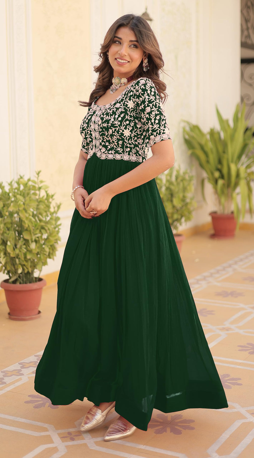 Wedani Georgette Embroidered Long Gown for Women Green