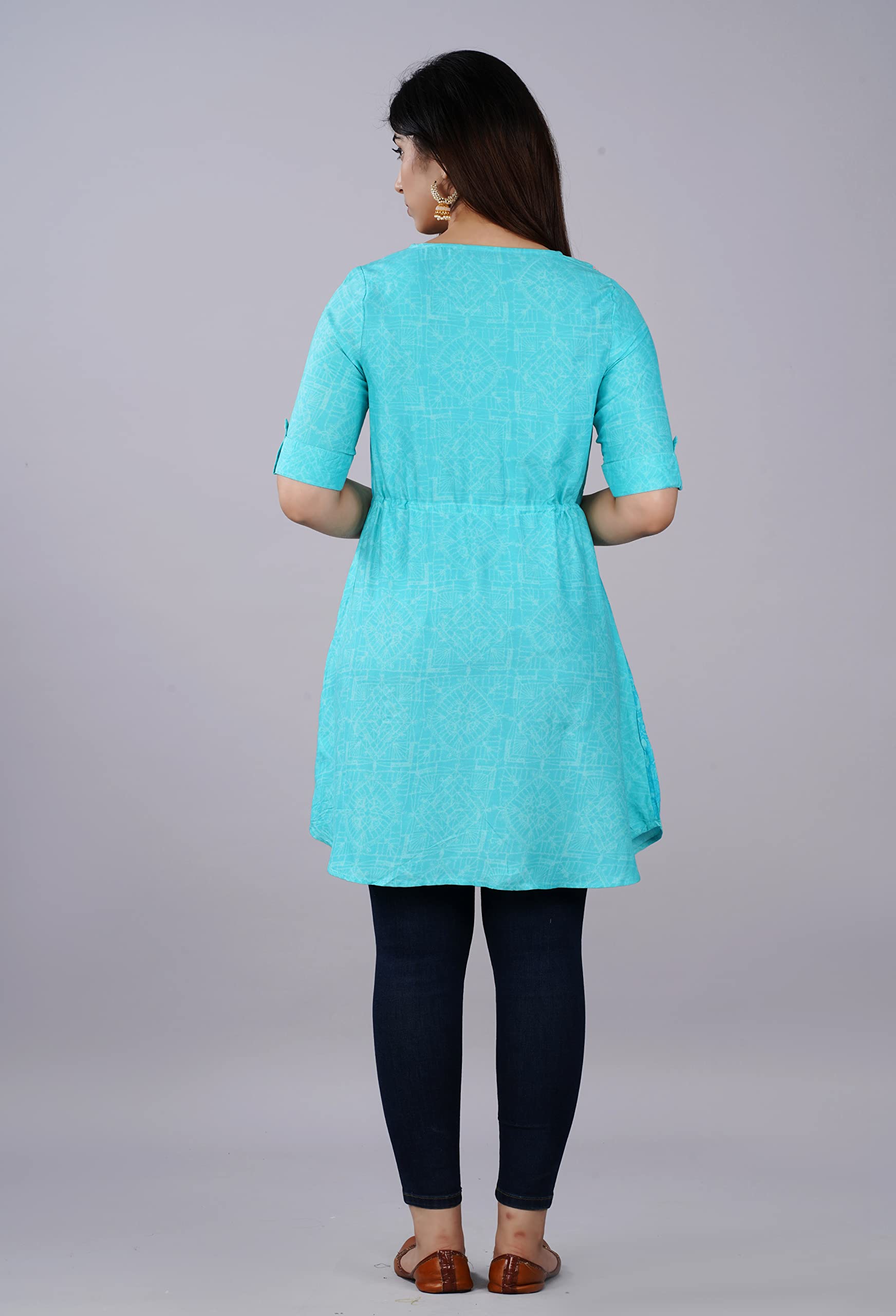 Digital Shopee Women'S Rayon Printed Regular Dress Shirt (Ds-113-Short Kurti-M_Turquoise