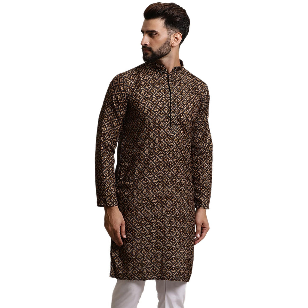 SOJANYA (Since 1958 Mens Pure Cotton Black & Mustard Printed Only Long Kurta