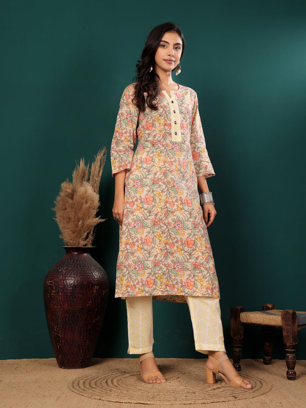 Varanga Varnaga Grey And Green Floral Printed Straight Kurta With Trouser Set | Round Neckline With V-Cut | 3/4Th Sleeves | Side