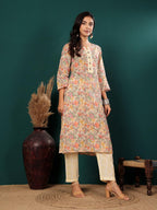 Varanga Varnaga Grey And Green Floral Printed Straight Kurta With Trouser Set | Round Neckline With V-Cut | 3/4Th Sleeves | Side