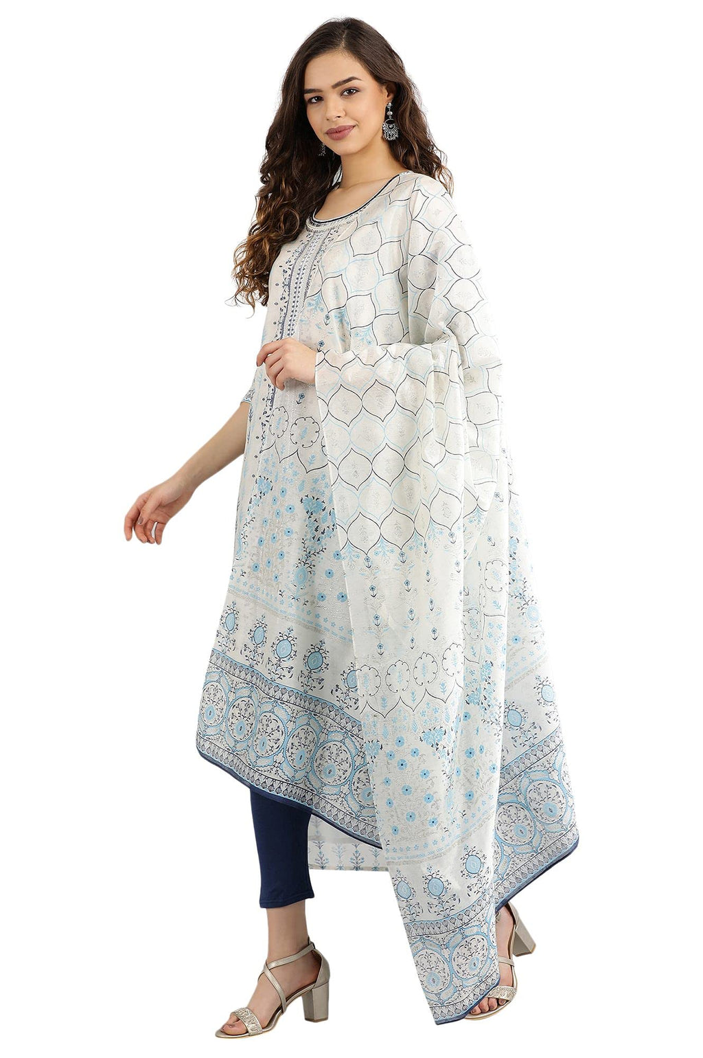 Aurelia Women'S Rayon A-Line Kurta, Tights & Dupatta