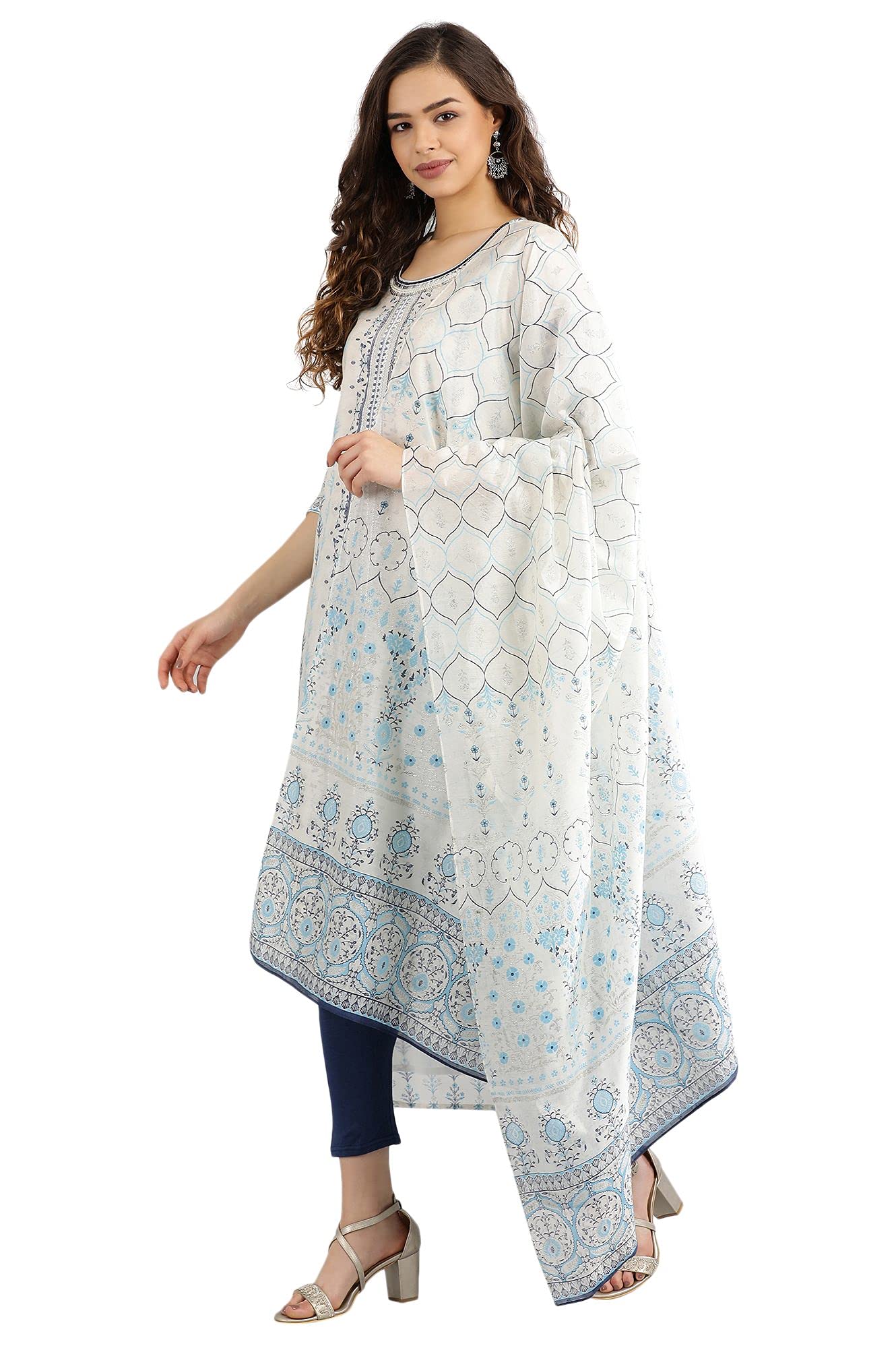 Aurelia Women'S Rayon A-Line Kurta, Tights & Dupatta