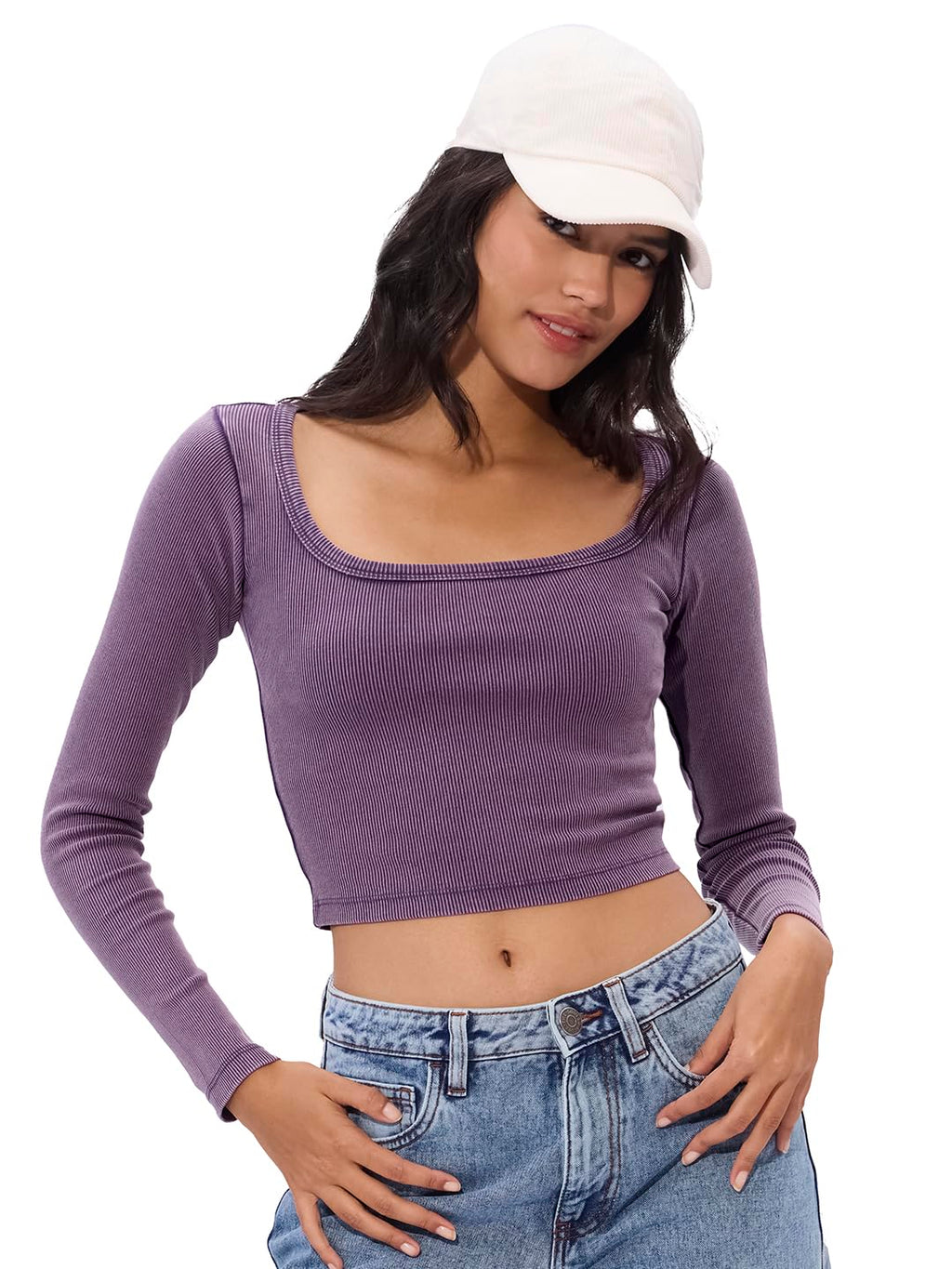 The Souled Store Solids: Dark Lavender Short Sleeve Round Neck Slim Fit Cropped Tops for Women and Girls - Trendy Statement Piec